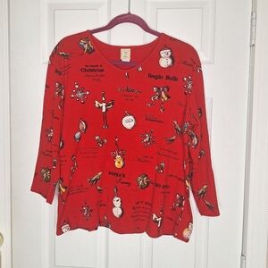 Jess & Jane Top Womens 3/4 Sleeve Joy of Christmas Holiday Red Size Large